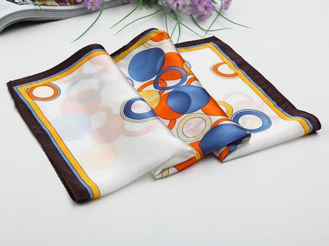 Yangtze Store Small Square Silk Satin Scarf Ivory Theme Blue and Orange Circles Pattern XFJ011