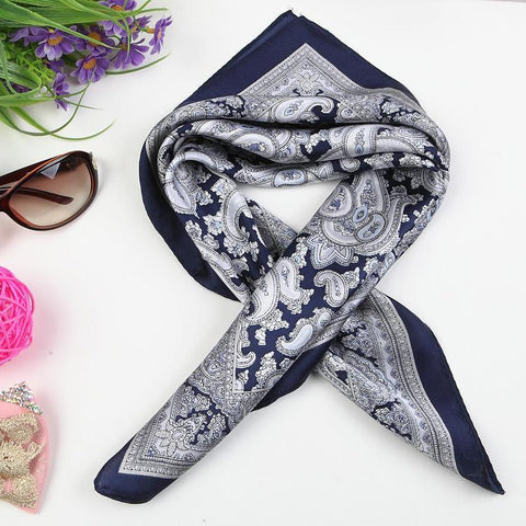 Yangtze Store Small Square Silk Satin Scarf Navy Theme Paisley Pattern XFJ206