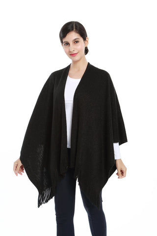 Yangtze Store Women's Knitted Kimono Cardigan Cape Solid Black with Golden Threads CAR202
