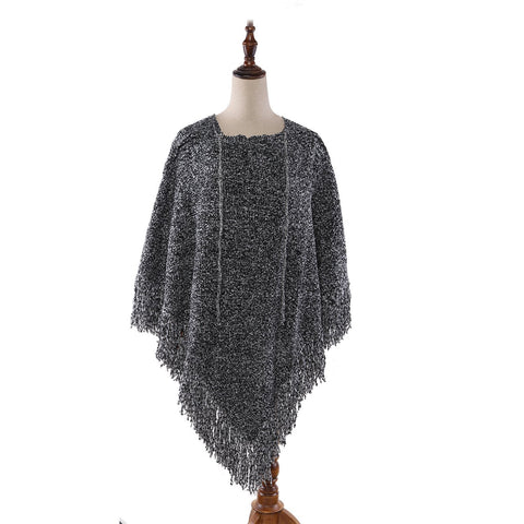 Yangtze Store Women's Knitted Poncho Gray with Tassels CAR103